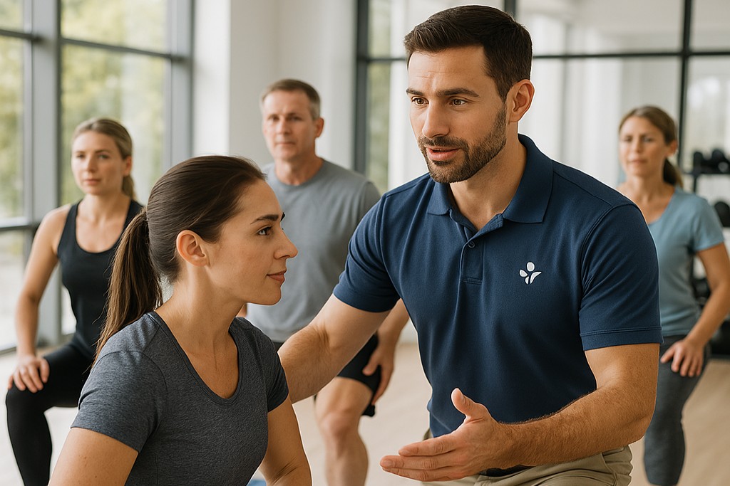 Fitness-Trainer unterstützt eine Frau bei einer Übung in einem hellen Trainingsraum mit weiteren Teilnehmenden im Hintergrund.