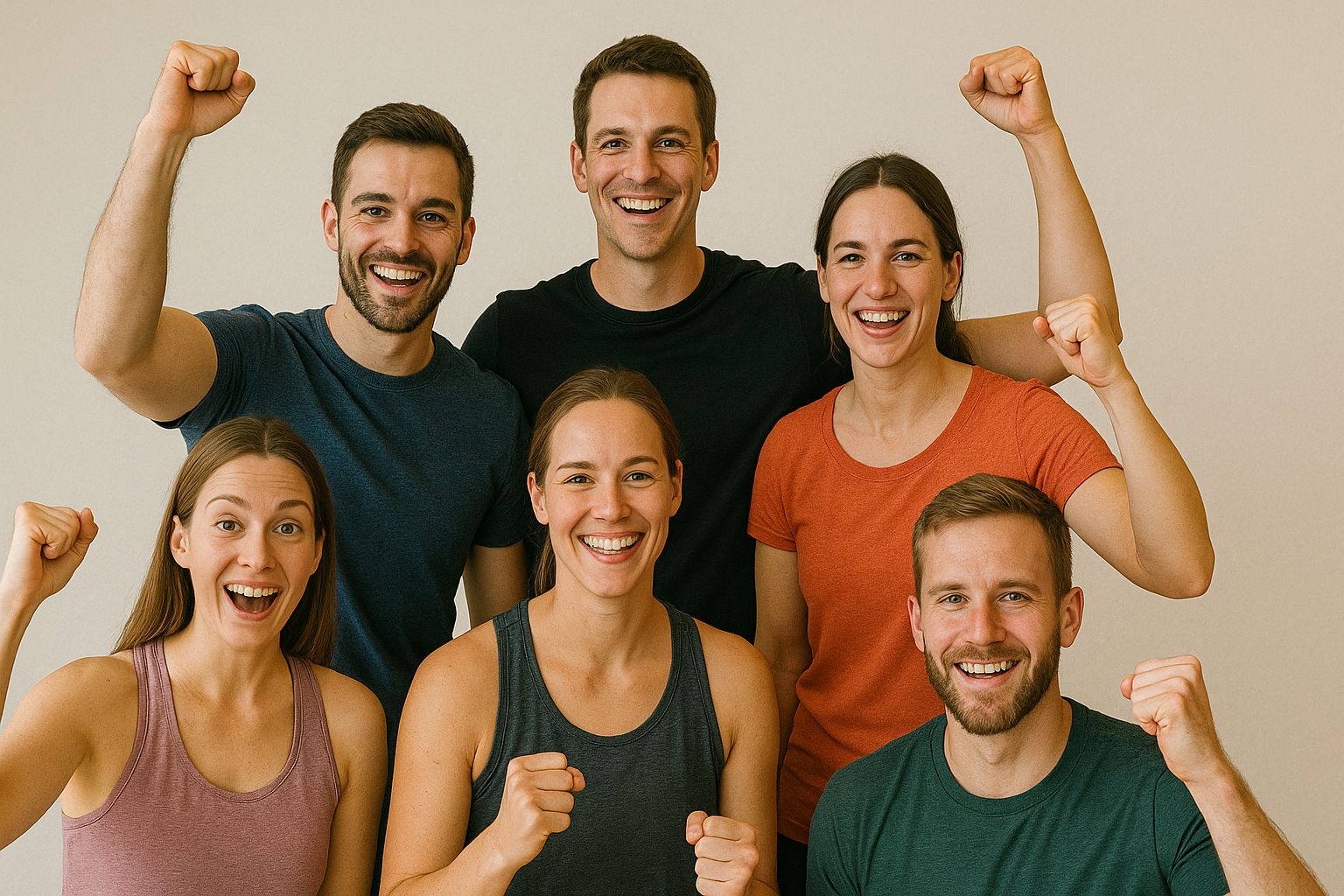 Sechs junge Menschen in sportlicher Kleidung posieren für ein Gruppenfoto und halten jubelnd die Arme in die Luft.