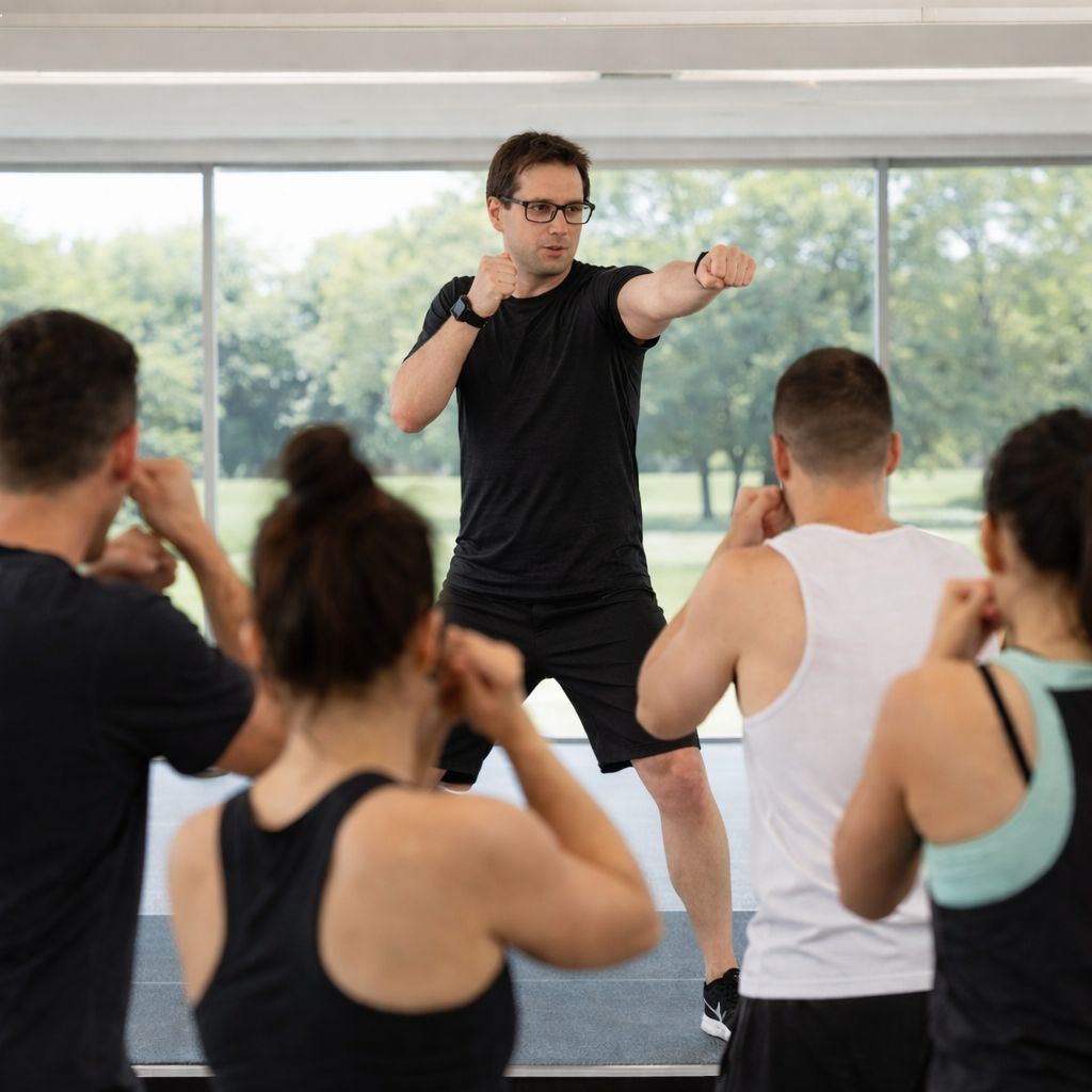 Auf der Bühne steht ein Body Combat Instruktor. Das Publikum folgt seinen Bewegungen.