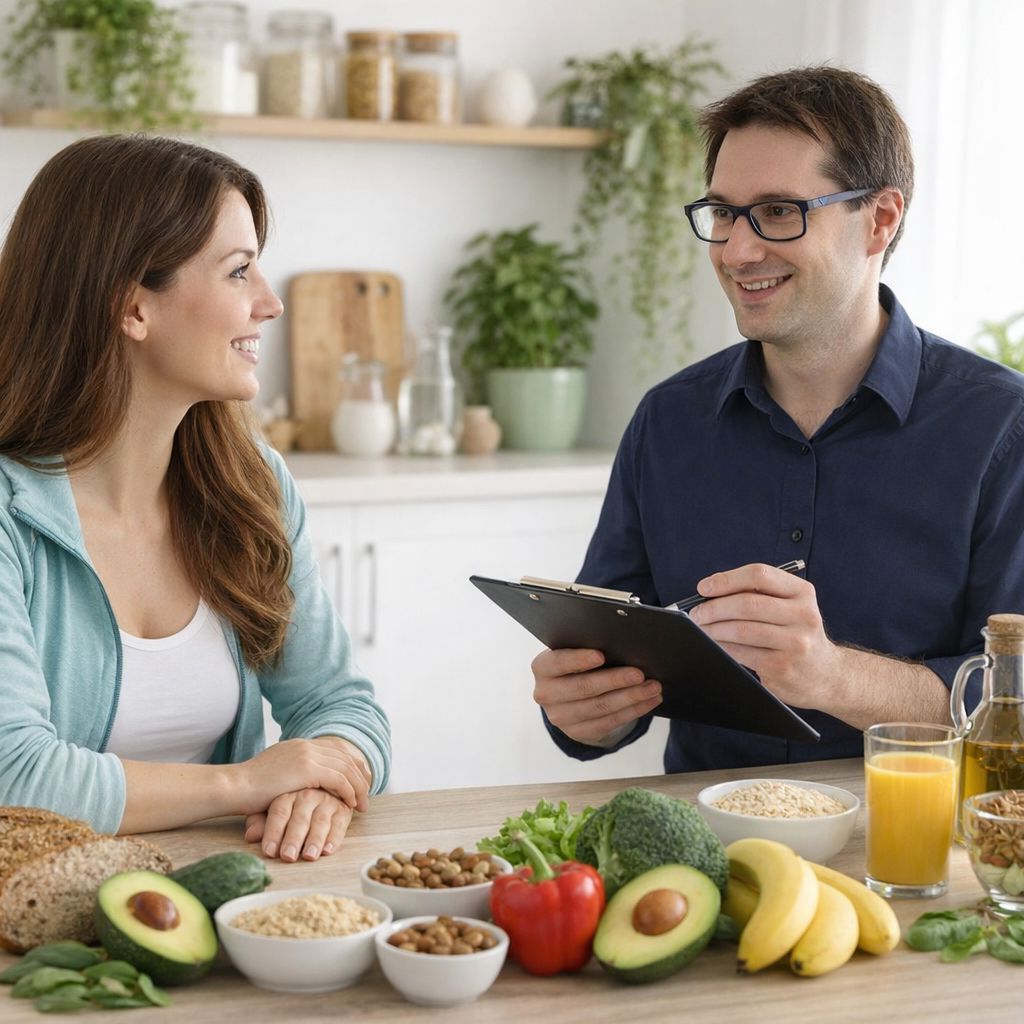 Ein Mann unterhält sich mit einer Frau und füllt einen Fragebogen aus.
