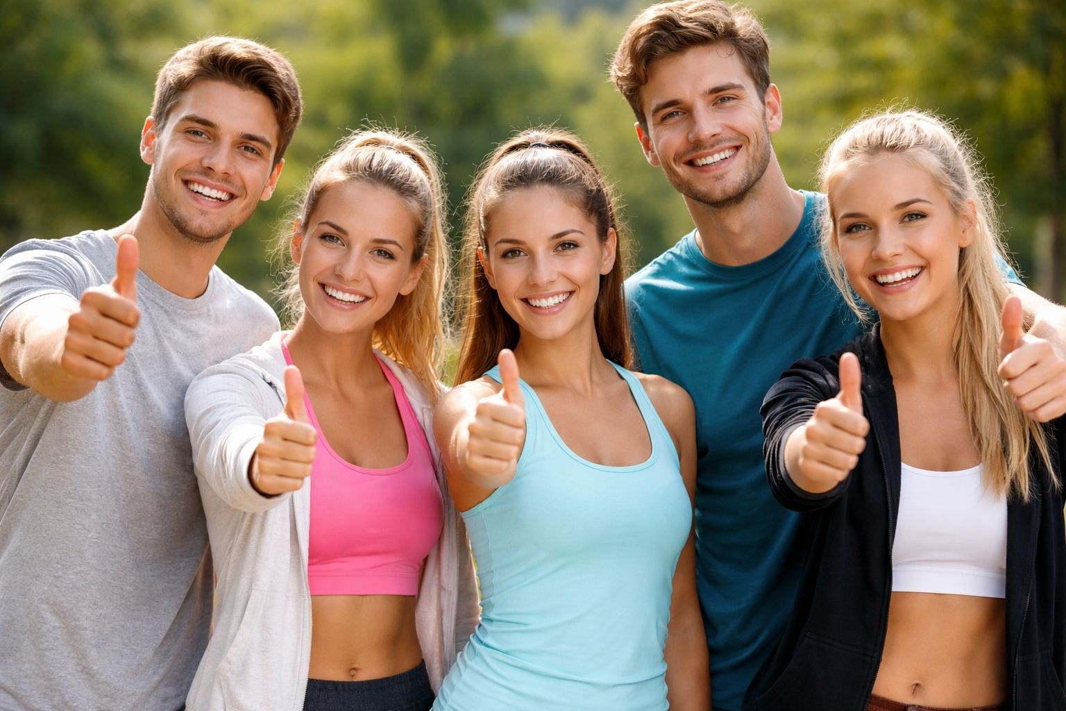 Eine Gruppe junger Menschen in sportlicher Kleidung schauen in die Kamera und zeigen mit dem Daumen nach oben.