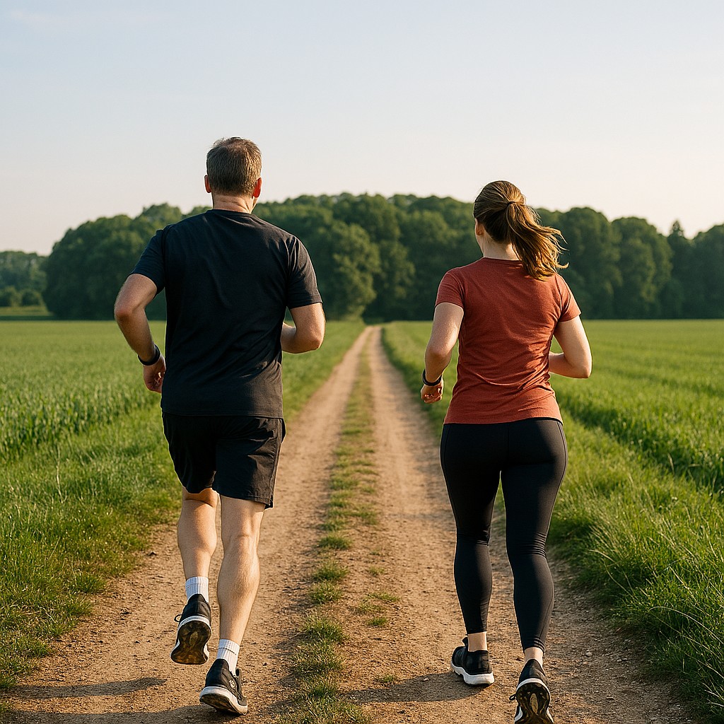 Zwei Personen joggen auf einem Feldweg durch eine grüne Landschaft bei sonnigem Wetter.